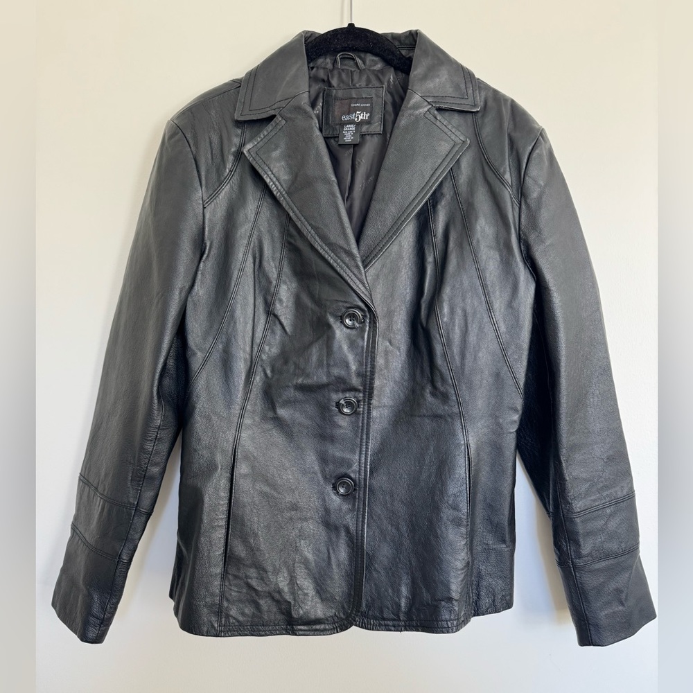 Black Genuine Leather Jacket Women’s Tailored Button Front Classic Moto Blazer-L